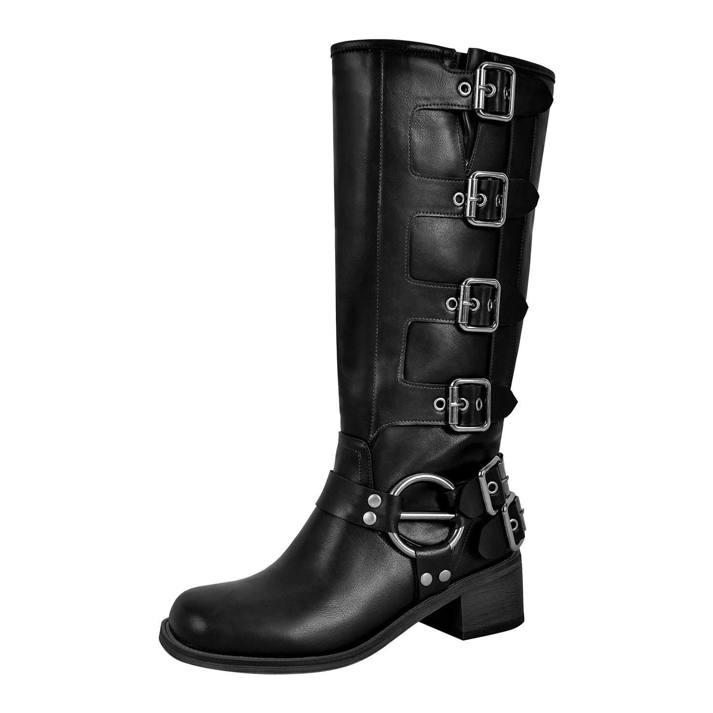 Round Toe Chunky Heel Buckle Strap Western Knee-High Crossdressing Boots