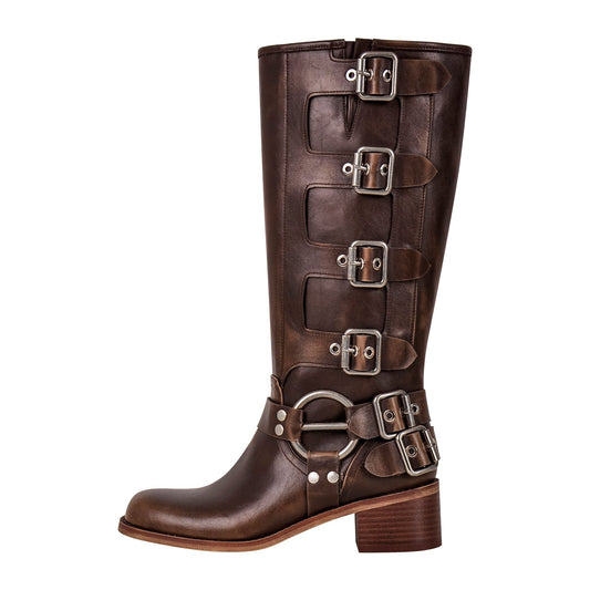 Round Toe Chunky Heel Buckle Strap Western Knee-High Crossdressing Boots
