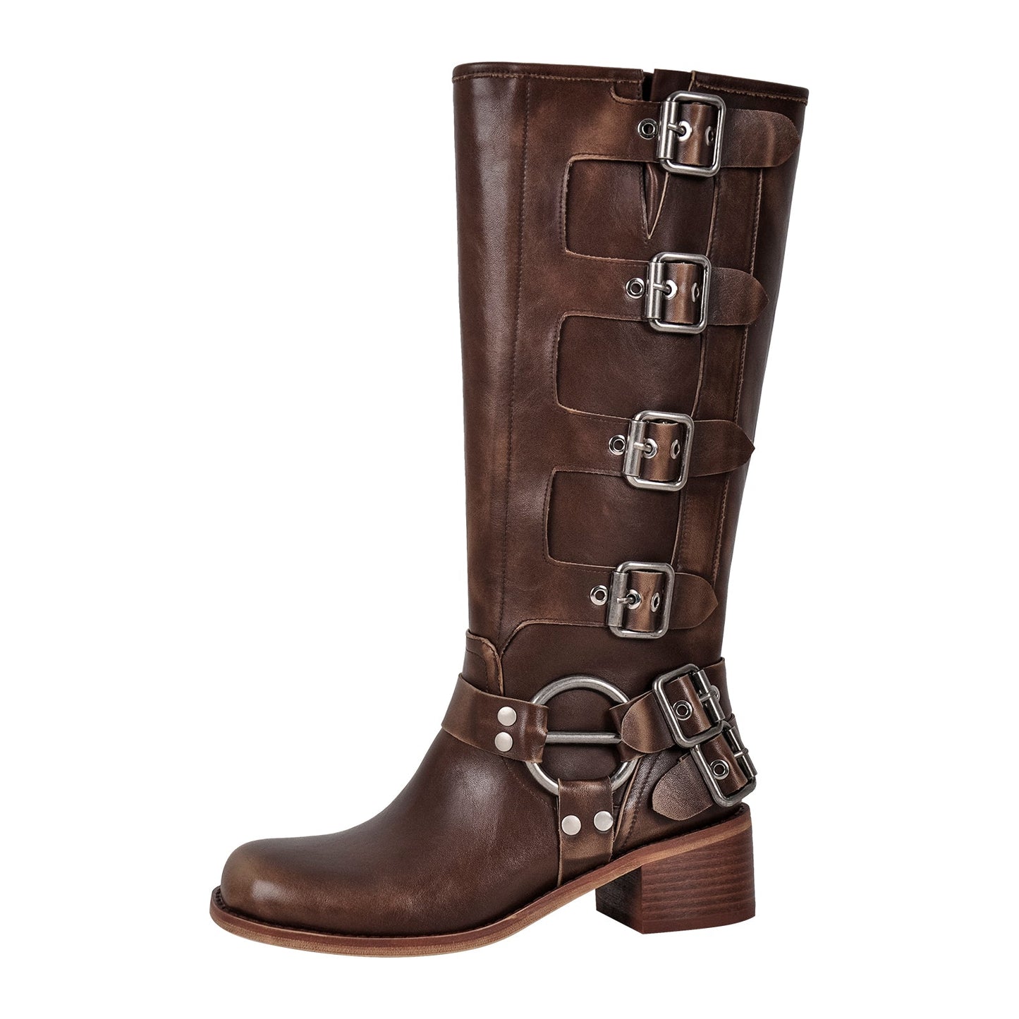 Round Toe Chunky Heel Buckle Strap Western Knee-High Crossdressing Boots