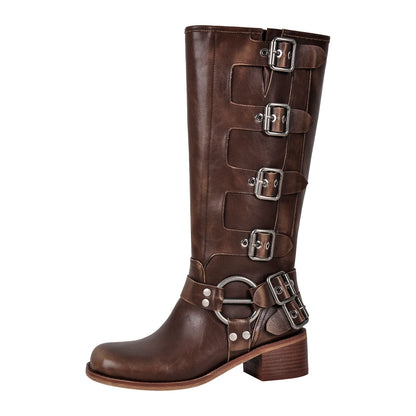 Round Toe Chunky Heel Buckle Strap Western Knee-High Crossdressing Boots