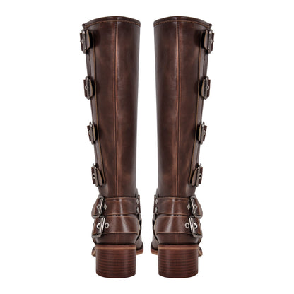 Round Toe Chunky Heel Buckle Strap Western Knee-High Crossdressing Boots