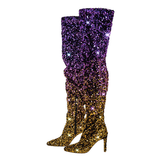 Sequins Gradient Color Pointed Toe Thigh High Stiletto Crossdressing Boots