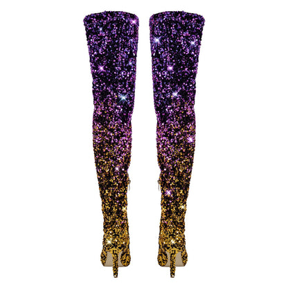 Sequins Gradient Color Pointed Toe Thigh High Stiletto Crossdressing Boots
