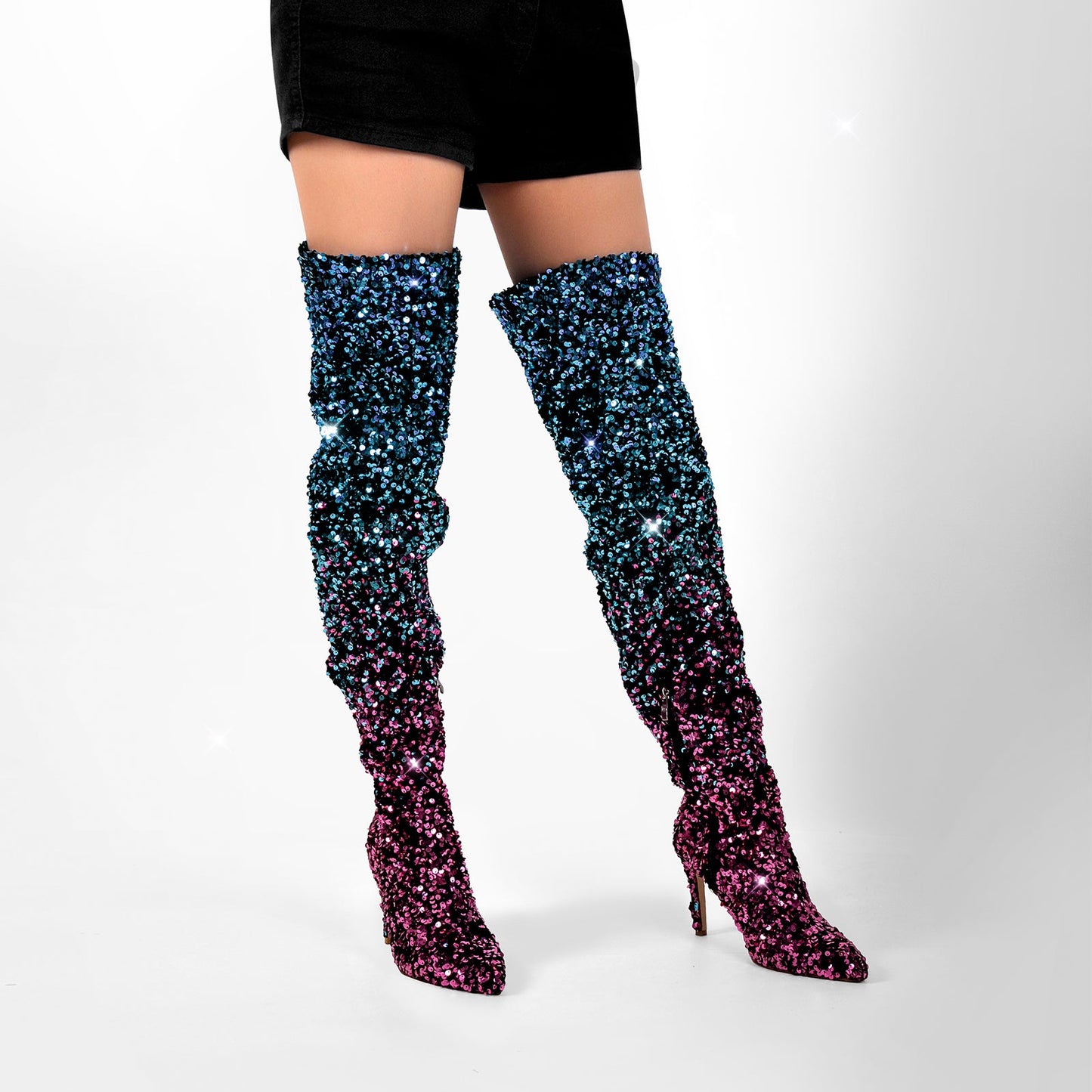 Sequins Gradient Color Pointed Toe Thigh High Stiletto Crossdressing Boots