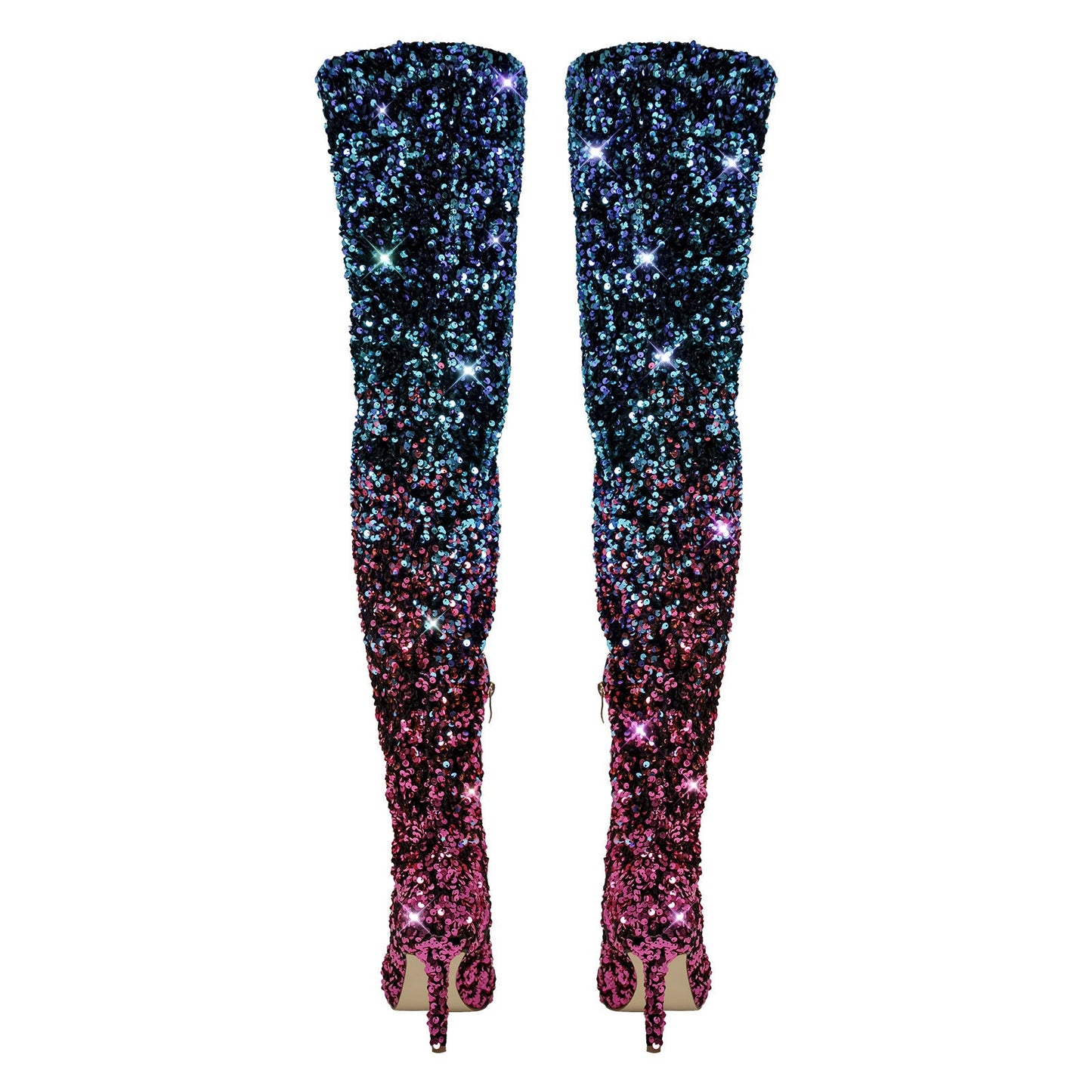 Sequins Gradient Color Pointed Toe Thigh High Stiletto Crossdressing Boots