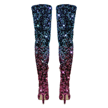 Sequins Gradient Color Pointed Toe Thigh High Stiletto Crossdressing Boots