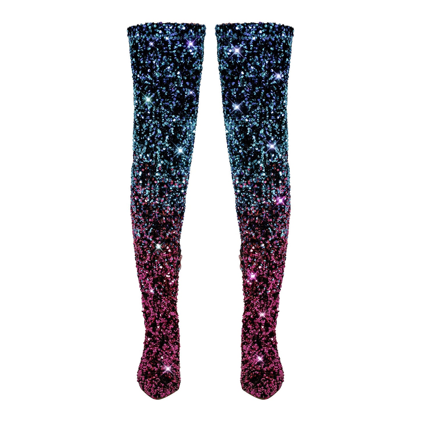 Sequins Gradient Color Pointed Toe Thigh High Stiletto Crossdressing Boots