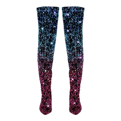 Sequins Gradient Color Pointed Toe Thigh High Stiletto Crossdressing Boots
