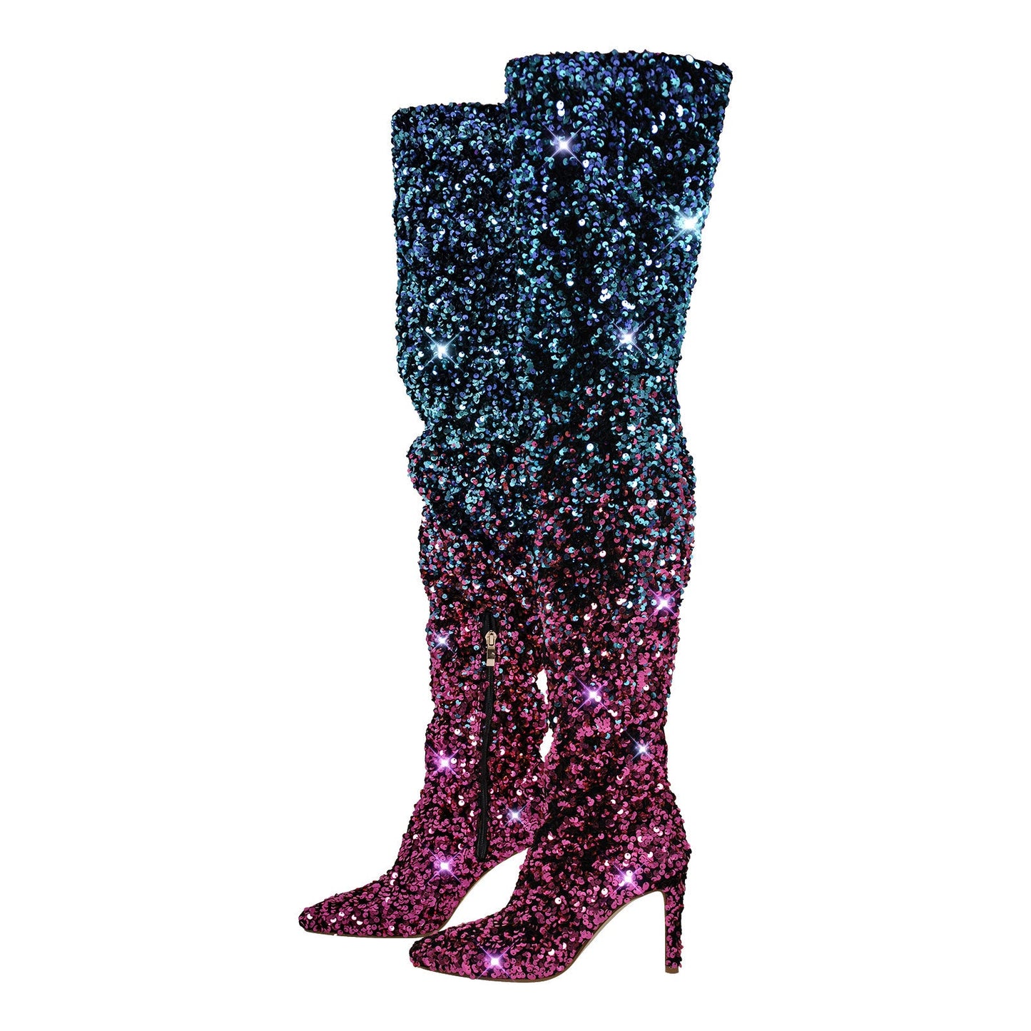 Sequins Gradient Color Pointed Toe Thigh High Stiletto Crossdressing Boots