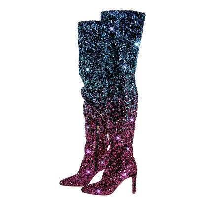 Sequins Gradient Color Pointed Toe Thigh High Stiletto Crossdressing Boots