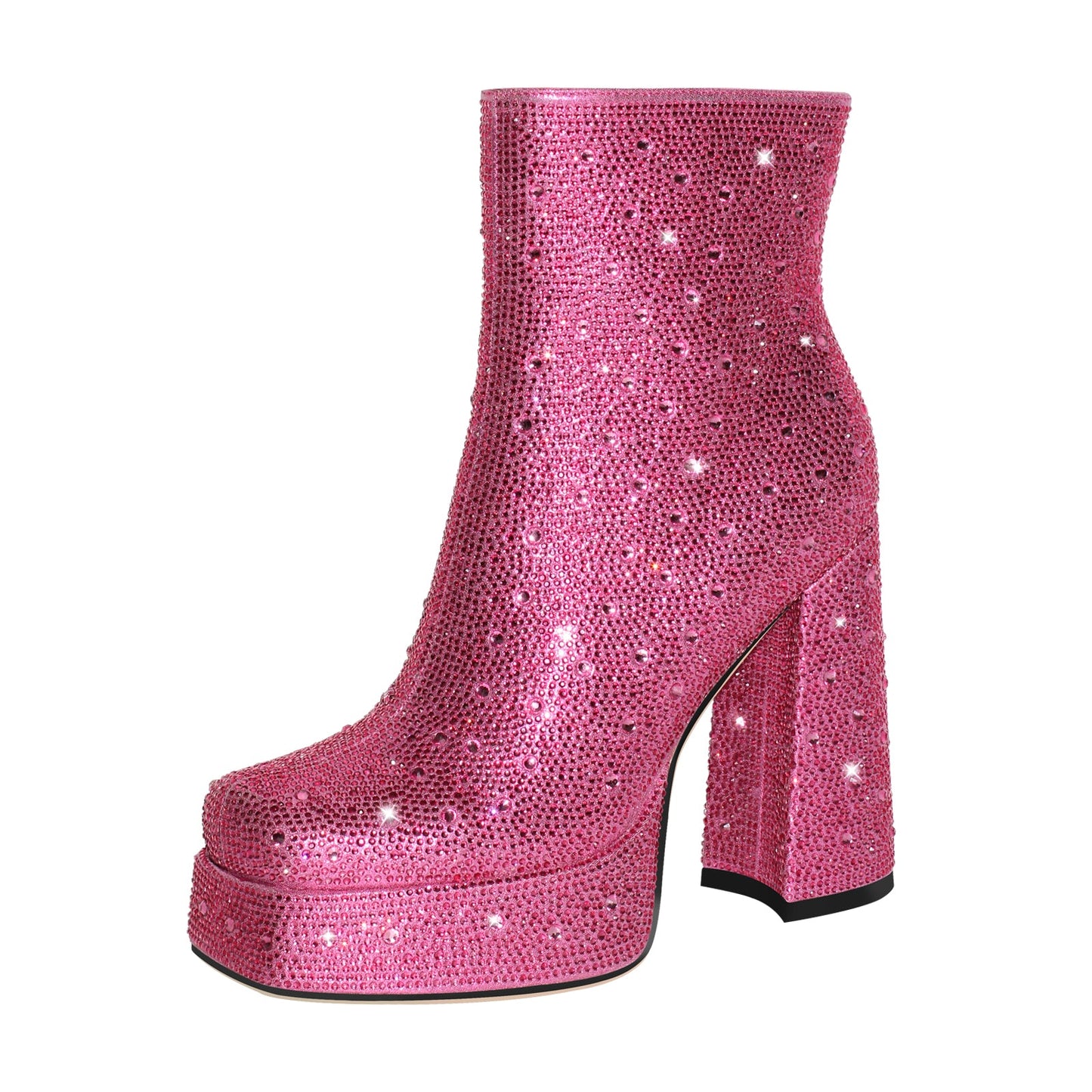 Rhinestone Platform Square Toe Chunky High Heels Crossdressing Ankle Boots