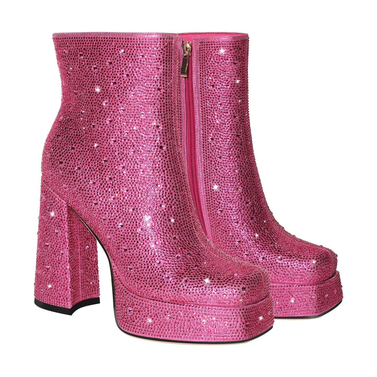 Rhinestone Platform Square Toe Chunky High Heels Crossdressing Ankle Boots