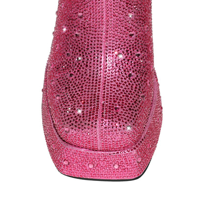 Rhinestone Platform Square Toe Chunky High Heels Crossdressing Ankle Boots