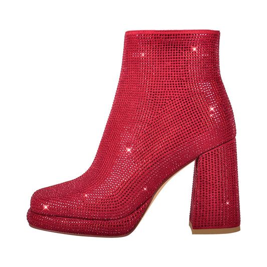 Square Toe Rhinestone Platform Crossdressing Ankle Boots
