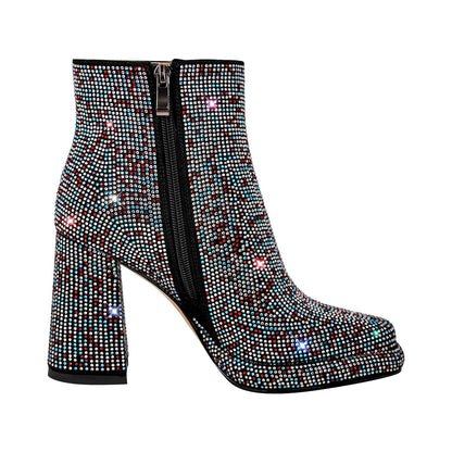 Square Toe Rhinestone Platform Crossdressing Ankle Boots