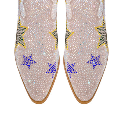 Rhinestone Star Chunky Heel Mid-Calf Western Boots