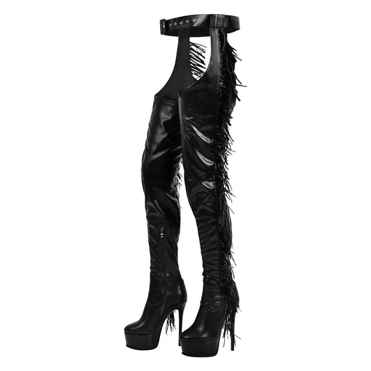 Black Side Fringe Stiletto Heeled Pant Crossdressing Boots