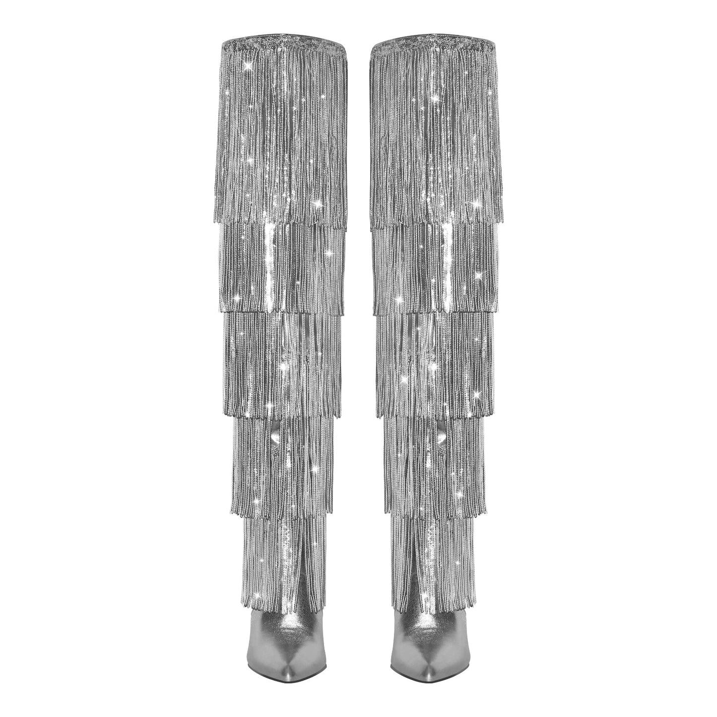 Pointed Toe Stiletto Fringe Metallic Over The Knee Boots
