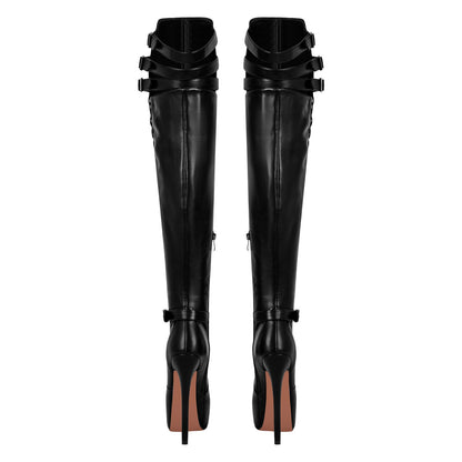 Round Toe Stiletto Platform Over The Knee Buckle Boots