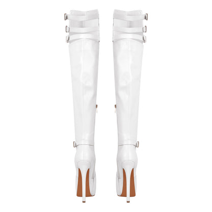Round Toe Stiletto Platform Over The Knee Buckle Boots