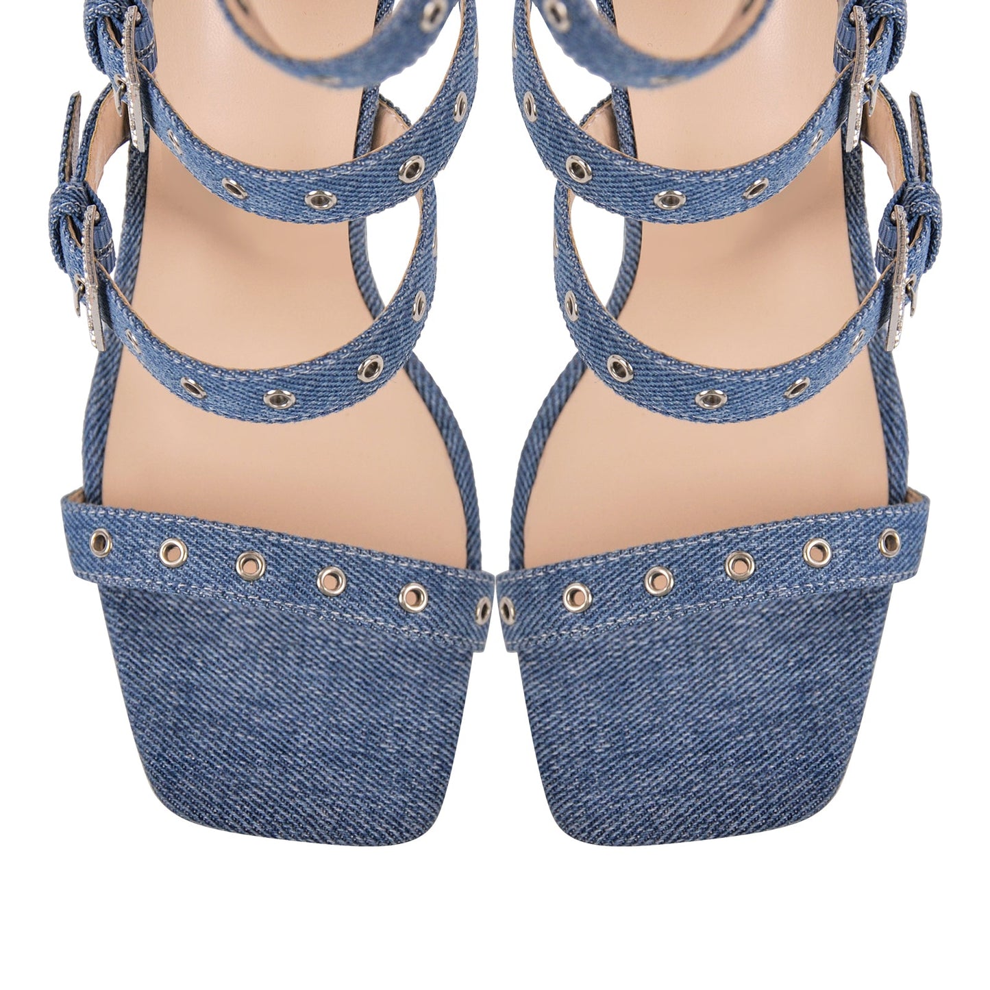 Denim Hollow Buckle Starp Thigh Stiletto Bootie Sandals