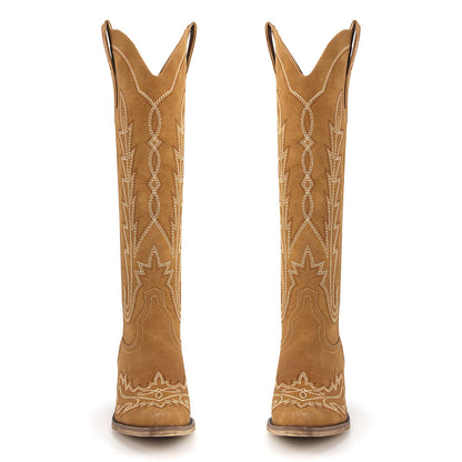 Embroidery Chunky Heel Knee High Western Boots