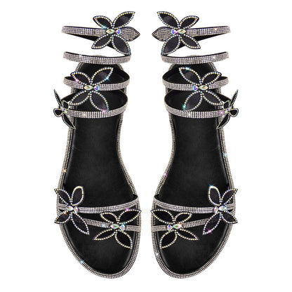 Butterfly Rhinestone Round Toe Strap Flat Sandals