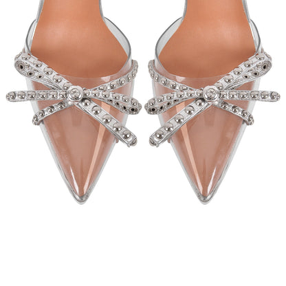 Bow Rivet Pointed Toe Cross Ankle Strap Pumps