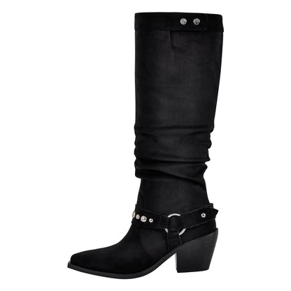 Pointed Toe Rivet Belt Pleated Knee High Boots