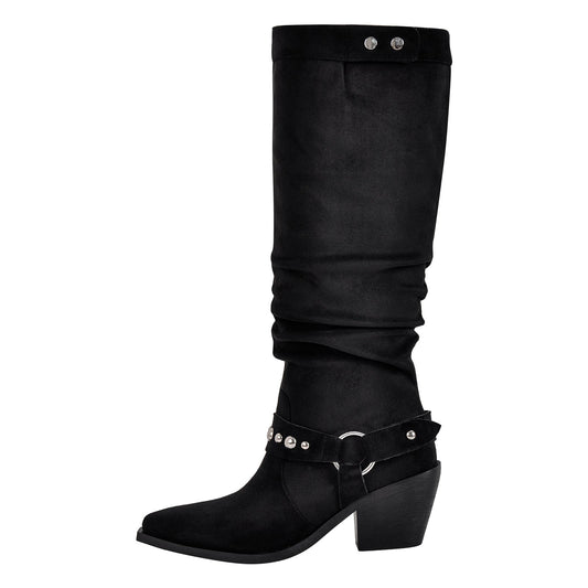 Pointed Toe Rivet Belt Pleated Knee High Boots