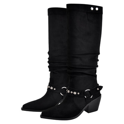 Pointed Toe Rivet Belt Pleated Knee High Boots