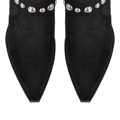 Pointed Toe Rivet Belt Pleated Knee High Boots
