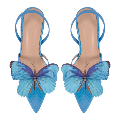 Butterfly Pointed Toe Clear Heel Slingback Sandals