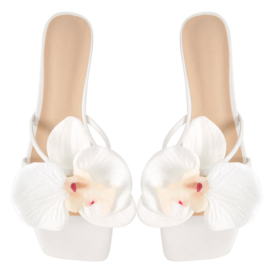 Flower Square Toe Chunky Heel Sandals Mules