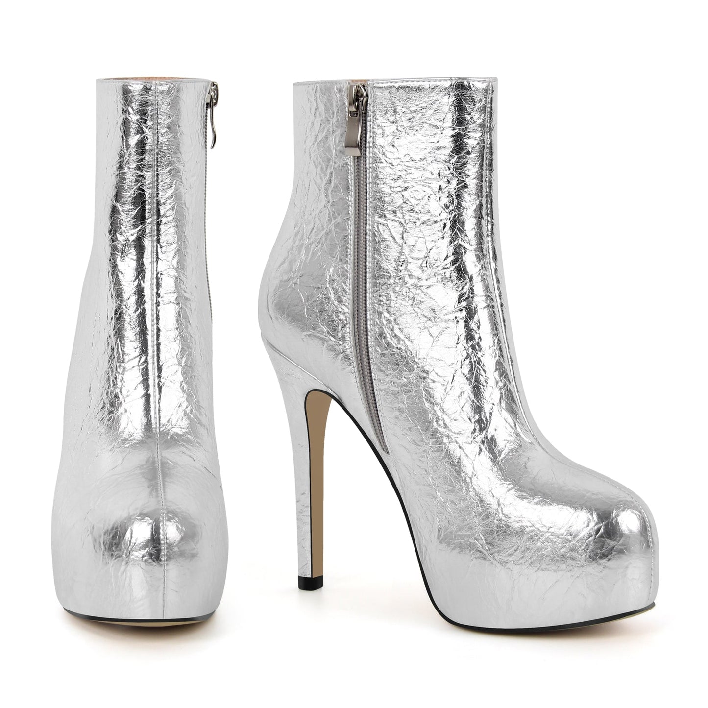 Metallic Round Toe Platform Stiletto Ankle Boots