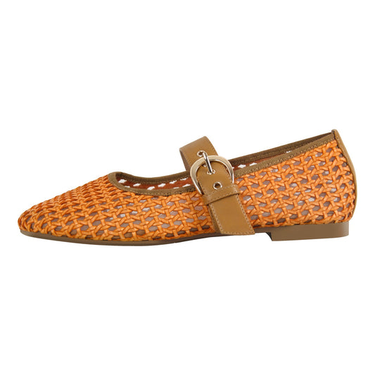 Round Toe Buckle Strap Mesh Ballet Flats
