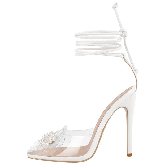 Clear Pointed Toe Pearl Flower Lace-up High Heels