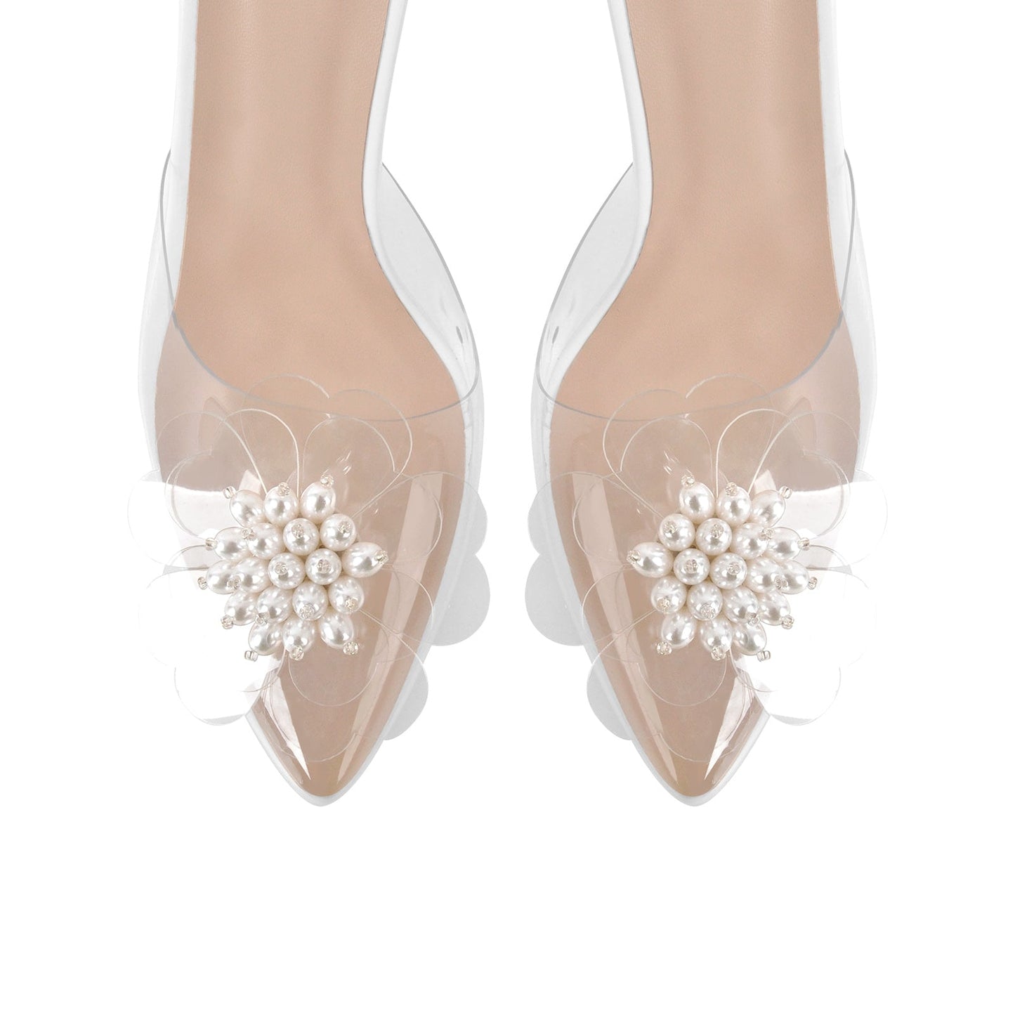 Clear Pointed Toe Pearl Flower Lace-up High Heels
