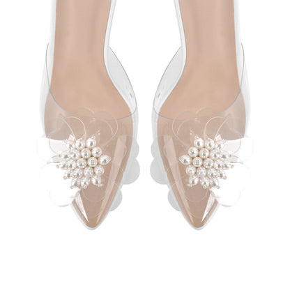 Clear Pointed Toe Pearl Flower Lace-up High Heels