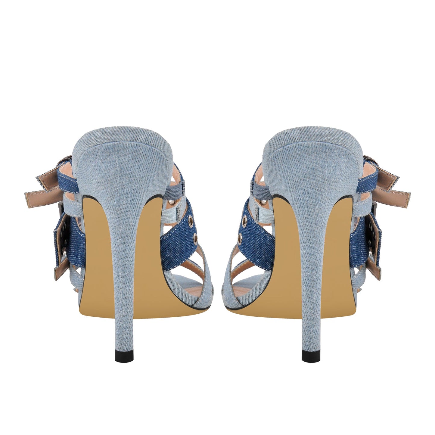 Denim Pointed Toe Buckle Straps Mules