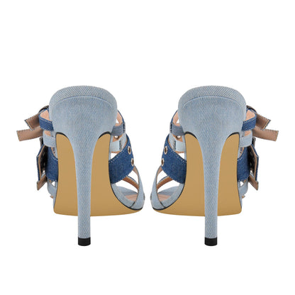 Denim Pointed Toe Buckle Straps Mules