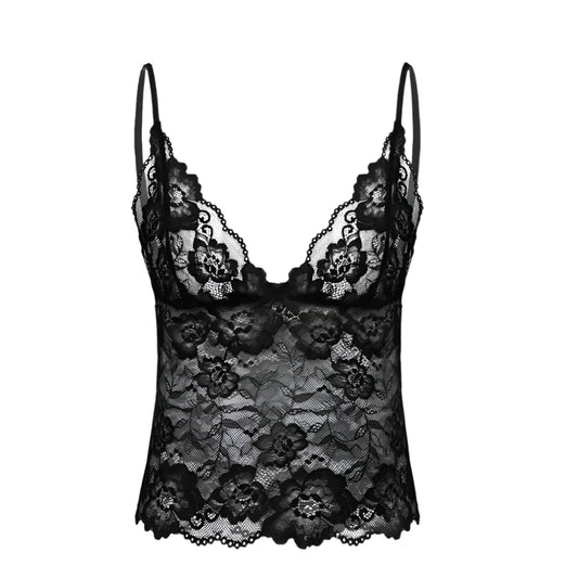 Floral Lace Camisole Crop Top – Sheer Stretchy Tank with Adjustable Straps