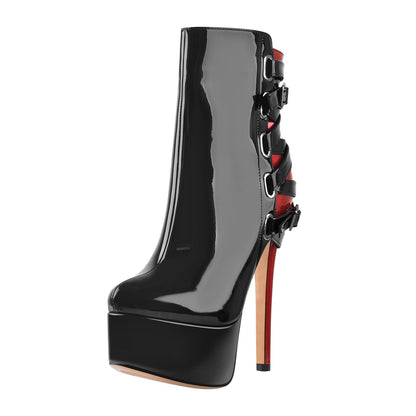 Black Strap Pointed Toe Stilettos Crossdressing Ankle Boots