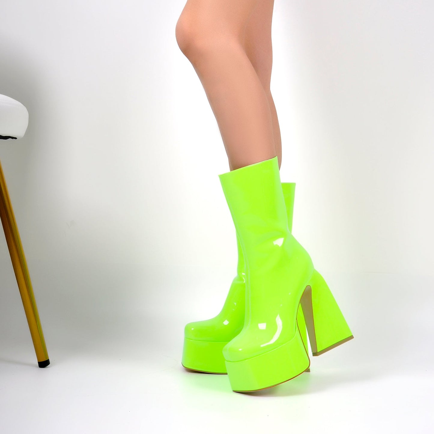 Fluorescent Green Platform Mid-Calf Chunky Crossdressing Boots