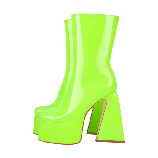 Fluorescent Green Platform Mid-Calf Chunky Crossdressing Boots