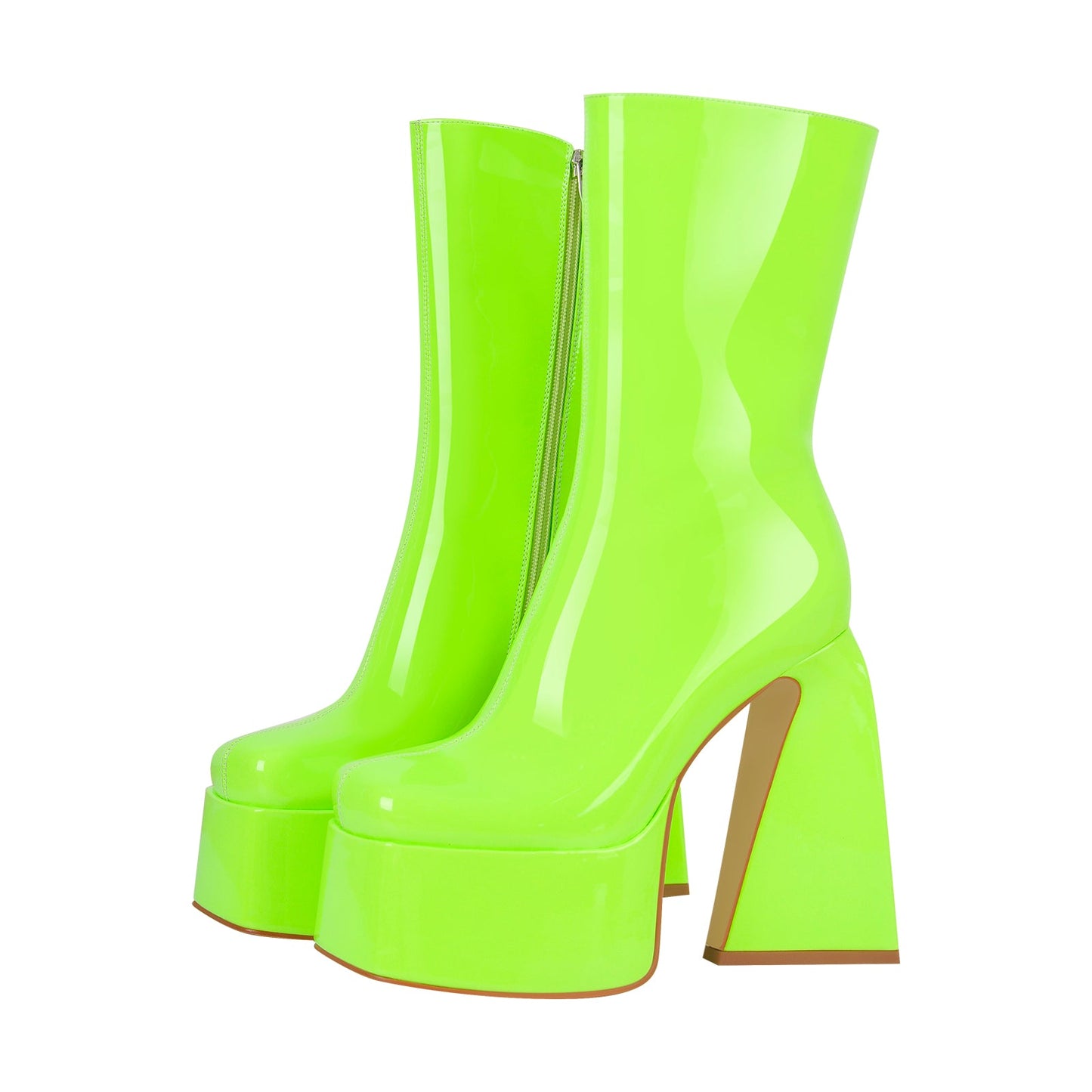 Fluorescent Green Platform Mid-Calf Chunky Crossdressing Boots
