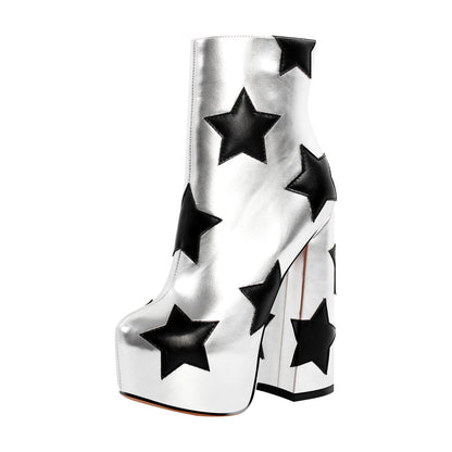 Platform Round Toe Chunky Heel Silver Star Crossdressing Boots