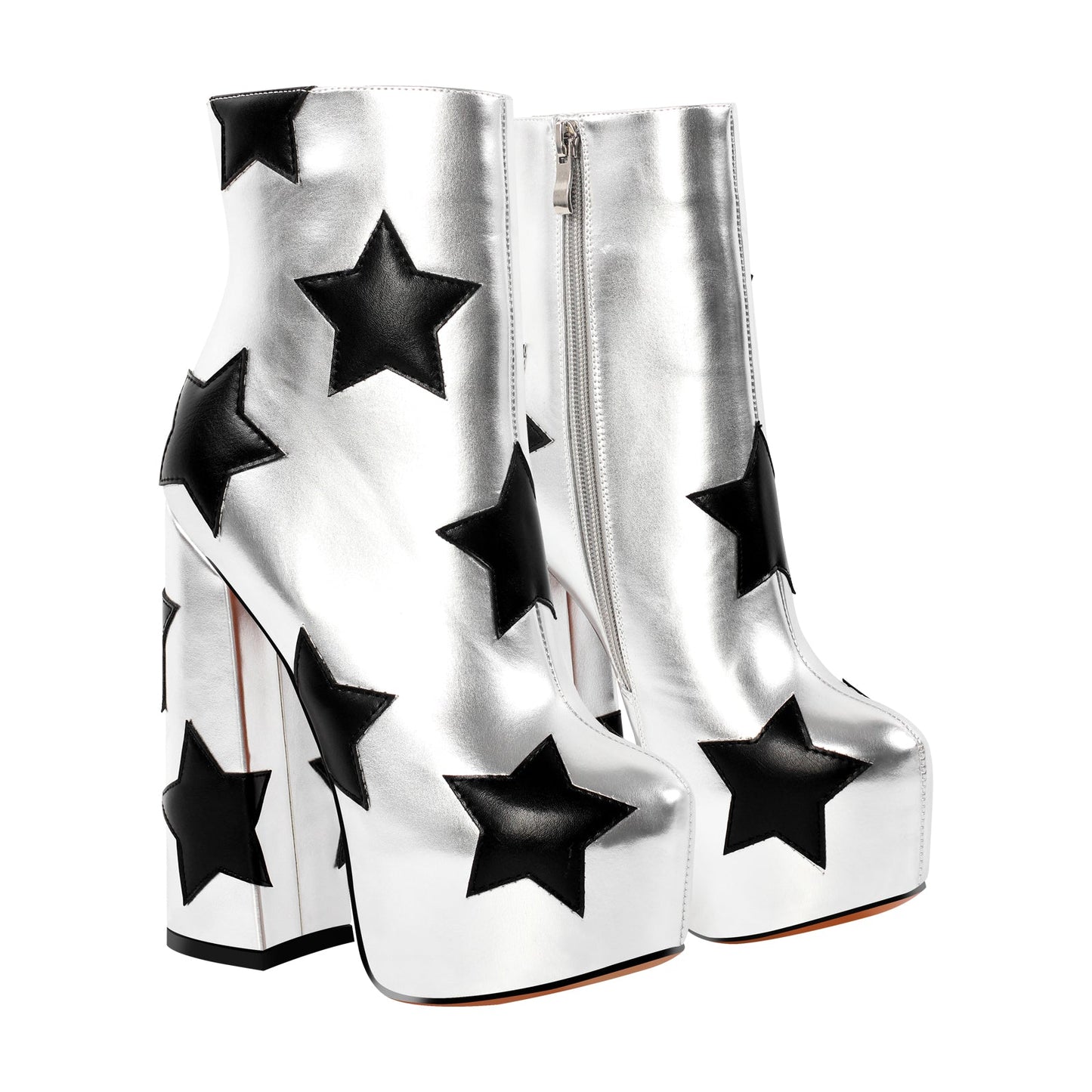 Platform Round Toe Chunky Heel Silver Star Crossdressing Boots