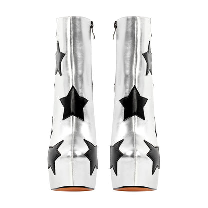 Platform Round Toe Chunky Heel Silver Star Crossdressing Boots