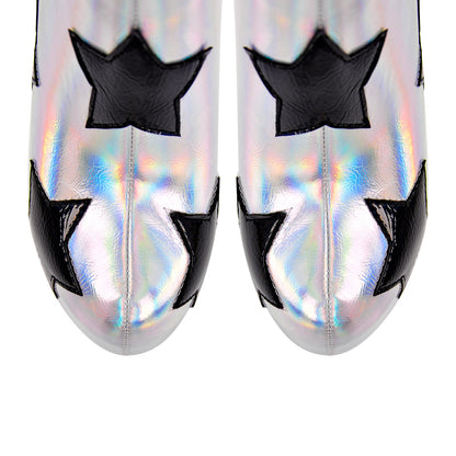 Platform Round Toe Chunky Heel Silver Star Crossdressing Boots